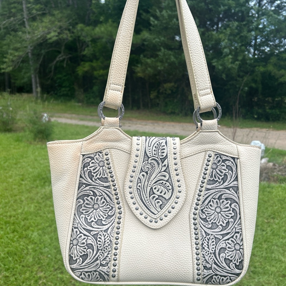 Cream and Gray Western Shoulder Bag with Floral Design